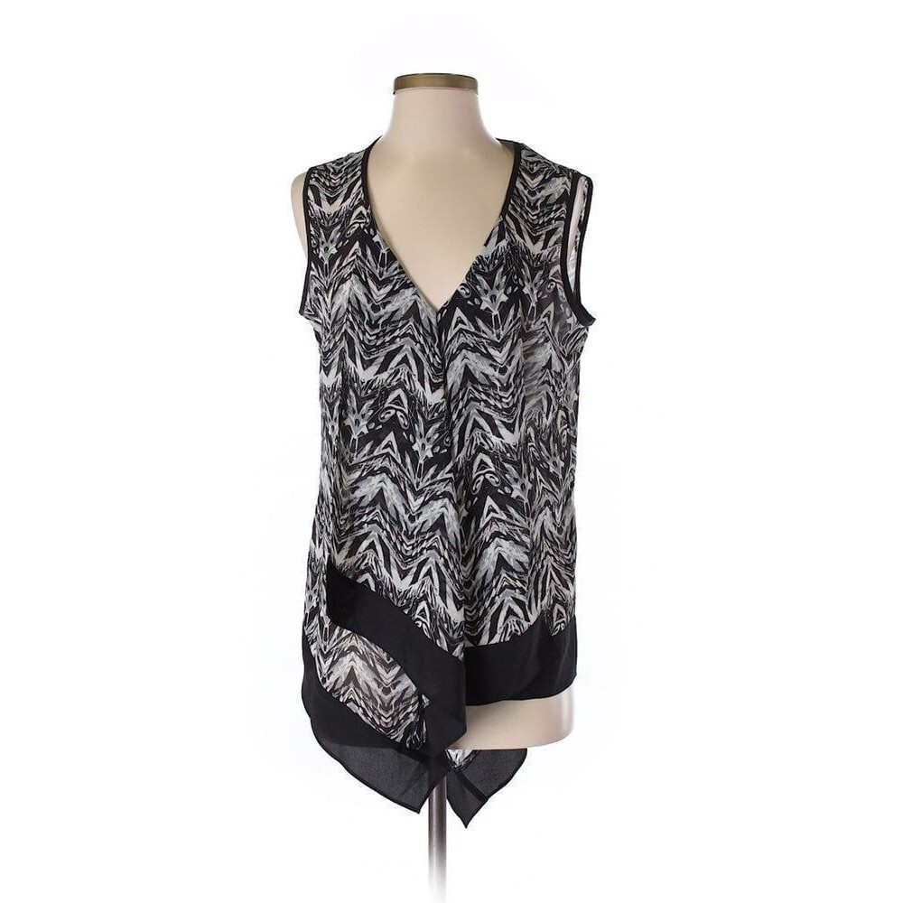 Liquid Siz  XS Black White Printed Draped Sleeveless Asymmetric Blouse Shirt Top